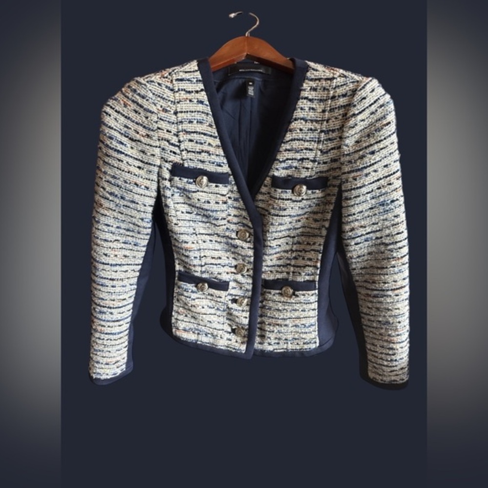 White House Black Market Elegant Navy and Cream Tweed Blazer Women’s Size 00